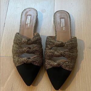 Aquazzura Glittering Gold and Black Mules